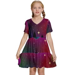 Asteroid Comet Star Space Aurora Kids  Short Sleeve Tiered Mini Dress by Wegoenart