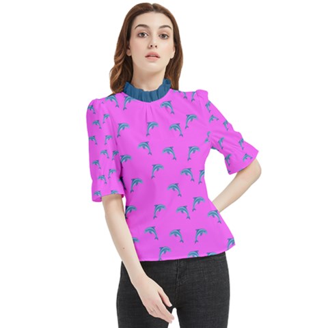 Pink And Blue, Cute Dolphins Pattern, Animals Theme Frill Neck Blouse by Casemiro