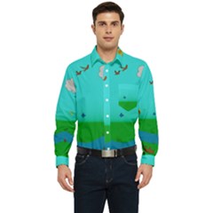 Frog Log Stream River Wallpaper Men s Long Sleeve Pocket Shirt  by Ravend
