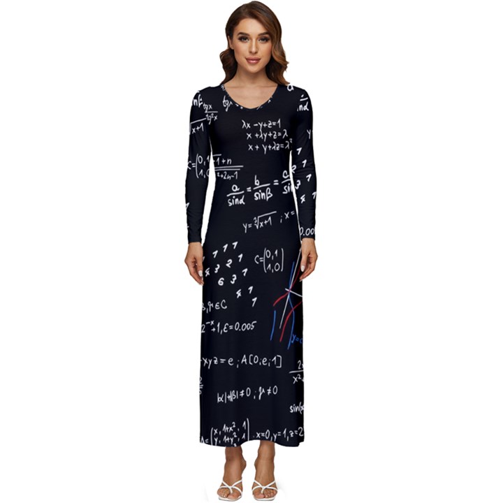 Black Background Text Overlay  Mathematics Formula Long Sleeve Velour Longline Maxi Dress