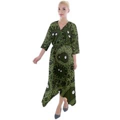 Green Bacteria Digital Wallpaper Eyes Look Biology Pattern Quarter Sleeve Wrap Front Maxi Dress by danenraven