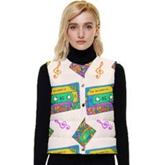Seamless Pattern With Colorful Cassettes Hippie Style Doodle Musical Texture Wrapping Fabric Vector Women s Short Button Up Puffer Vest by Ravend