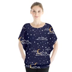 Hand Drawn Scratch Style Night Sky With Moon Cloud Space Among Stars Seamless Pattern Vector Design Batwing Chiffon Blouse