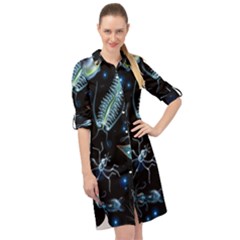 Colorful Abstract Pattern Consisting Glowing Lights Luminescent Images Marine Plankton Dark Long Sleeve Mini Shirt Dress by Ravend