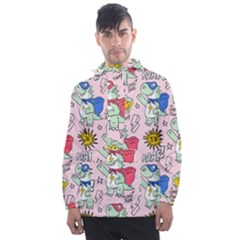 Seamless Pattern With Many Funny Cute Superhero Dinosaurs T-rex Mask Cloak With Comics Style Men s Front Pocket Pullover Windbreaker by Ravend