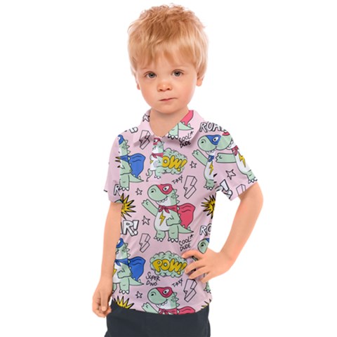 Seamless Pattern With Many Funny Cute Superhero Dinosaurs T-rex Mask Cloak With Comics Style Kids  Polo Tee by Ravend