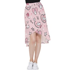Cartoon-cute-valentines-day-doodle-heart-love-flower-seamless-pattern-vector Frill Hi Low Chiffon Skirt by Jancukart