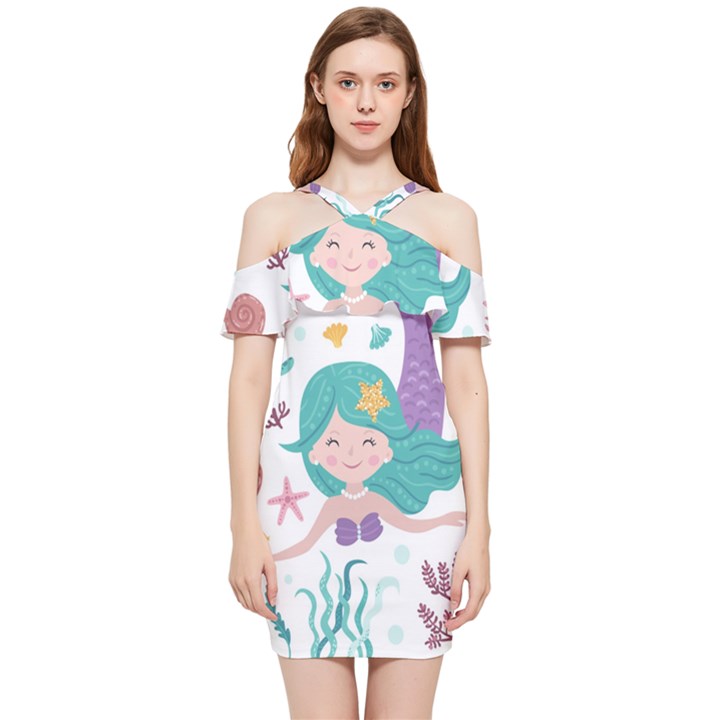 Set-cute-mermaid-seaweeds-marine-inhabitants Shoulder Frill Bodycon Summer Dress