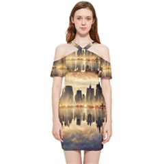 Manhattan Skyline Sunset Nyc Shoulder Frill Bodycon Summer Dress by Wegoenart