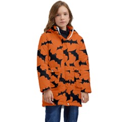 Halloween Card With Bats Flying Pattern Kid s Hooded Longline Puffer Jacket by Wegoenart