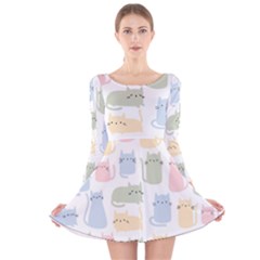 Cute-cat-colorful-cartoon-doodle-seamless-pattern Long Sleeve Velvet Skater Dress