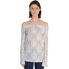 Clean Brown And White Ornament Damask Vintage Off Shoulder Long Sleeve Top
