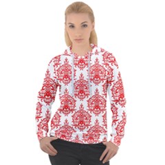 White And Red Ornament Damask Vintage Women s Overhead Hoodie by ConteMonfrey