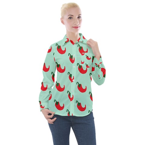 Small Mini Peppers Blue Women s Long Sleeve Pocket Shirt by ConteMonfrey