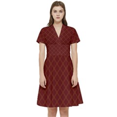 Diagonal Dark Red Small Plaids Geometric  Short Sleeve Waist Detail Dress by ConteMonfrey