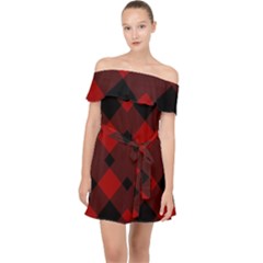 Red Diagonal Plaid Big Off Shoulder Chiffon Dress by ConteMonfrey