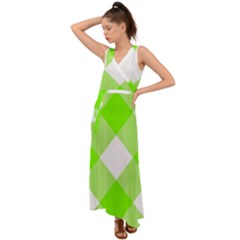 Neon Green And White Plaids V-neck Chiffon Maxi Dress by ConteMonfrey