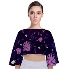 Monstera Leaves Plant Tropical Nature Tie Back Butterfly Sleeve Chiffon Top by Ravend