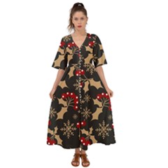 Christmas Pattern With Snowflakes-berries Kimono Sleeve Boho Dress by Wegoenart