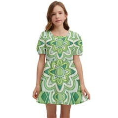 Floral-green-mandala-white Kids  Short Sleeve Dolly Dress by Wegoenart
