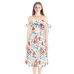 Seamless-vector-pattern-with-watermelons-mint Shoulder Tie Bardot Midi Dress by Wegoenart