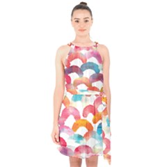 Rainbow Pattern Halter Collar Waist Tie Chiffon Dress by designsbymallika
