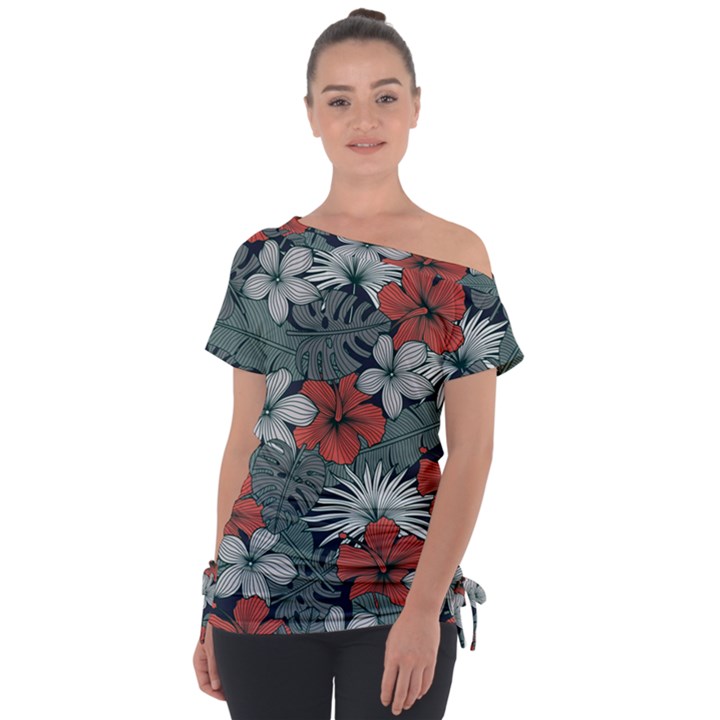 Seamless-floral-pattern-with-tropical-flowers Off Shoulder Tie-Up Tee