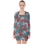 Seamless-floral-pattern-with-tropical-flowers V-neck Bodycon Long Sleeve Dress