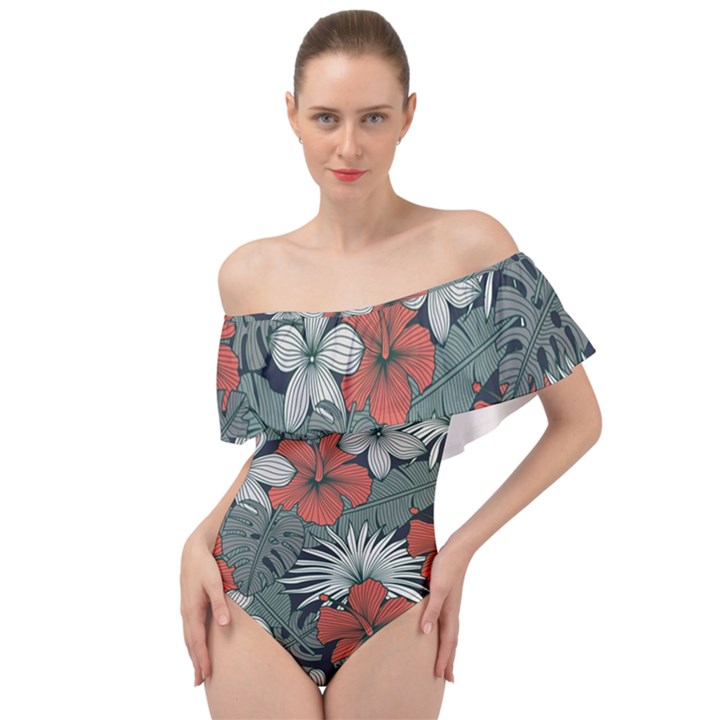 Seamless-floral-pattern-with-tropical-flowers Off Shoulder Velour Bodysuit 