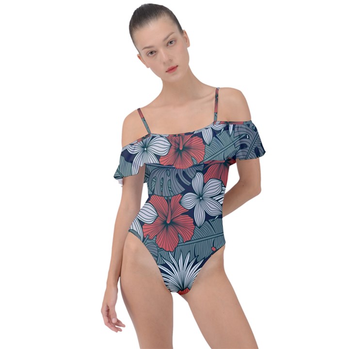 Seamless-floral-pattern-with-tropical-flowers Frill Detail One Piece Swimsuit