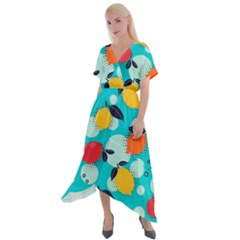 Pop Art Style Citrus Seamless Pattern Cross Front Sharkbite Hem Maxi Dress by Wegoenart