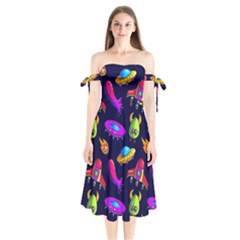 Space Pattern Shoulder Tie Bardot Midi Dress by Wegoenart