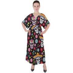 Day Dead Skull With Floral Ornament Flower Seamless Pattern V-neck Boho Style Maxi Dress