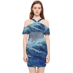 Waves Sea Sky Wave Shoulder Frill Bodycon Summer Dress