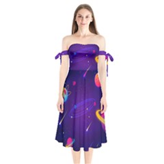 Cartoon Galaxy With Stars Background Shoulder Tie Bardot Midi Dress by danenraven