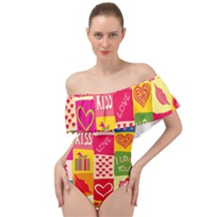 Multicolored Gift Wrap Decor Love Colorful Hearts I Love You Off Shoulder Velour Bodysuit  by Wegoenart