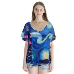 Starry Night In New York Van Gogh Manhattan Chrysler Building And Empire State Building V-neck Flutter Sleeve Top by danenraven