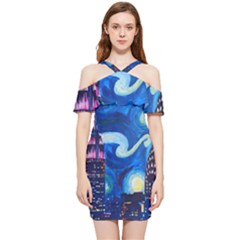 Starry Night In New York Van Gogh Manhattan Chrysler Building And Empire State Building Shoulder Frill Bodycon Summer Dress by danenraven
