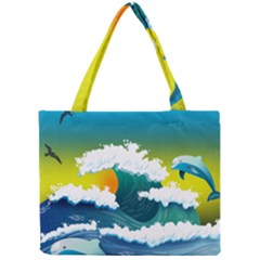 Dolphin Seagull Sea Ocean Wave Blue Water Mini Tote Bag by Wegoenart