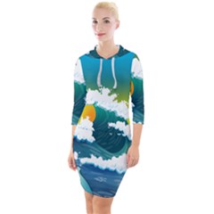 Dolphin Seagull Sea Ocean Wave Blue Water Quarter Sleeve Hood Bodycon Dress by Wegoenart