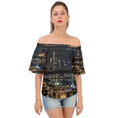 Seoul Building City Night View Off Shoulder Short Sleeve Top