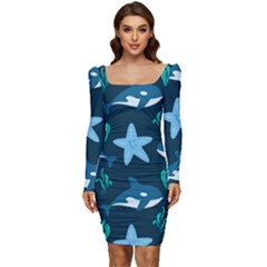 Whale And Starfish  Women Long Sleeve Ruched Stretch Jersey Dress by ConteMonfrey