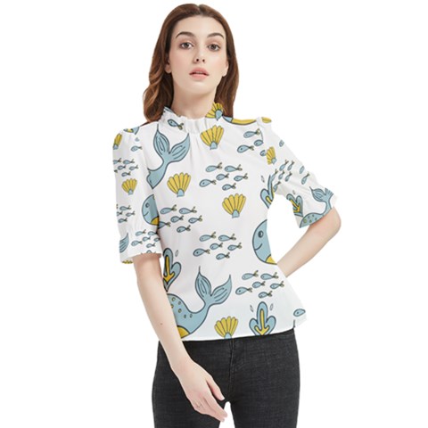 Cartoon Whale Seamless Background Pattern Frill Neck Blouse by Jancukart