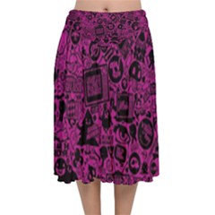 Pink And Black Logo Illustration Velvet Flared Midi Skirt by danenraven