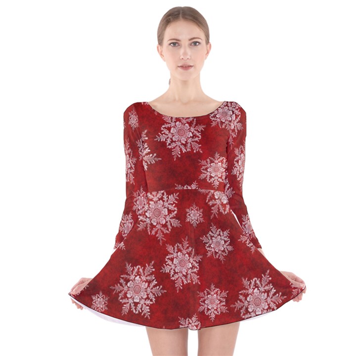 Snowflakes And Star Patternsred Snow Long Sleeve Velvet Skater Dress