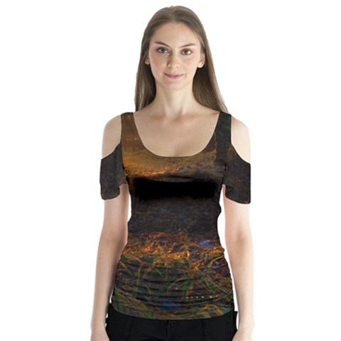 Sunset Forest Fall Sunbeams Nature Butterfly Sleeve Cutout Tee  by danenraven
