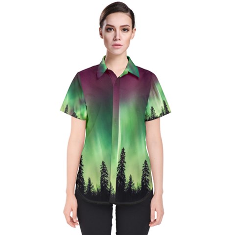 Aurora Borealis Northern Lights Forest Trees Woods Women s Short Sleeve Shirt by danenraven