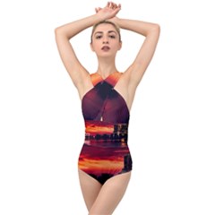 New York City Urban Skyline Harbor Bay Reflections Cross Front Low Back Swimsuit by danenraven