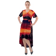 New York City Urban Skyline Harbor Bay Reflections Front Wrap High Low Dress by danenraven