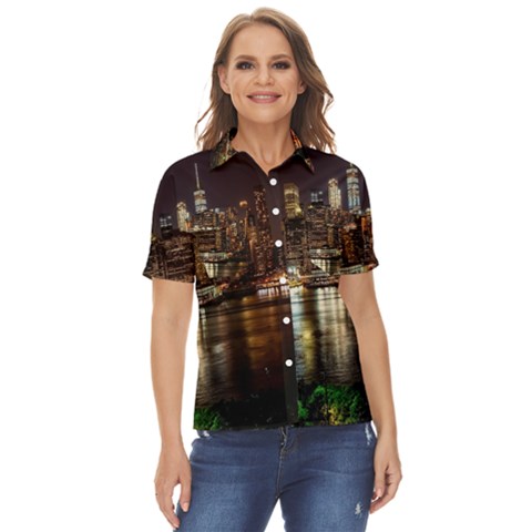 New York City Panorama Urban Hudson River Water Women s Short Sleeve Double Pocket Shirt by danenraven
